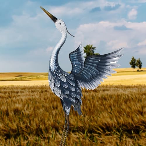 Metal Heron Statue Garden Decor Blue k7m