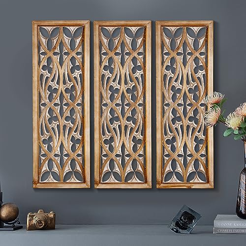 XIAOAIKA Carved Wood Wall Art Decor - Floral Design Panel, 33.1 x 14.6 inches, 2 Panels O462