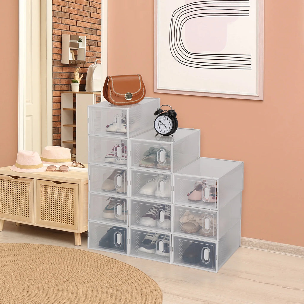 Zimtown 12 Pack Multipurpose Shoe Storage Boxes with Clear Lid, Foldable Stackable I391120