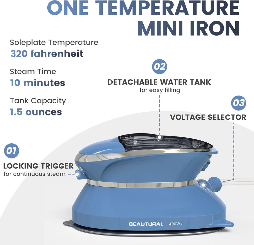 BEAUTURAL Mini Travel Steam Iron for Clothes, Dual Voltage, Non-Stick Soleplate C59710