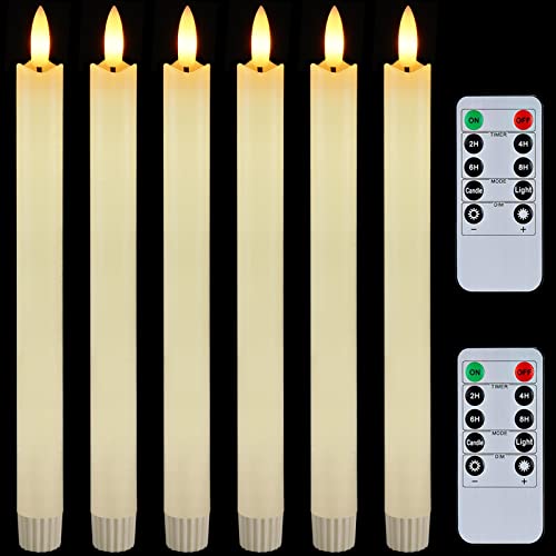 Homemory 6 Pcs Flameless Taper Candles with Remote Timer and Dimmer, White Candle Sticks Battery Operated, LED Window Candles with Flickering Light, 9.6 Inches for Valentine Wedding Indoor Decoration