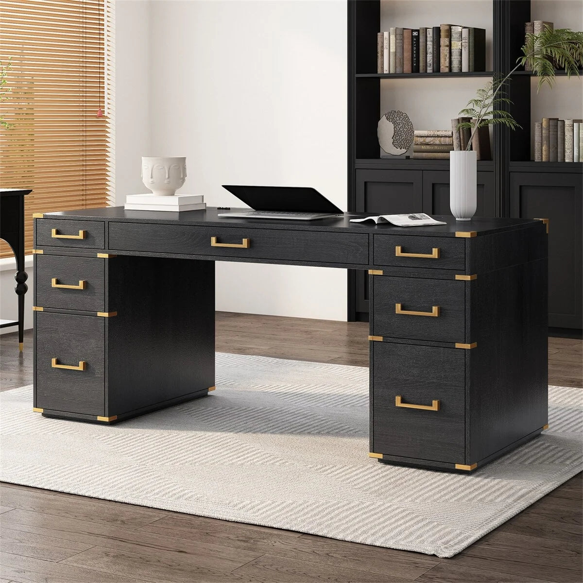 Black Executive Writing Desk with Drawers 7k