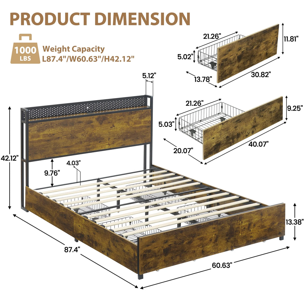 IDEALHOUSE Queen Bed Frame with Storage Headboard and 6 Drawers, LED, USB Ports, Retro O803