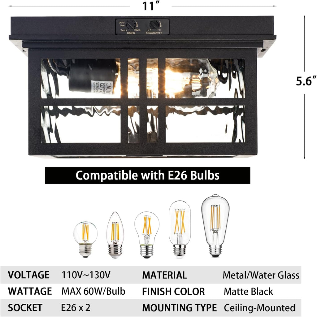 Motion Sensor Ceiling Light Water Ripple Glass Black 2-Light k7