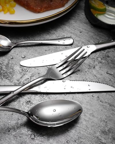 EUIRIO 48-Piece Hammered Silverware Set with Steak Knives for 8, Stainless Steel, Dishwasher Safe X870