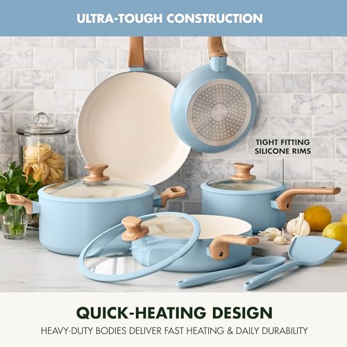 GreenPan Rio Essence Wood 10 Piece Cookware Set, Ceramic Nonstick, Blue Y813