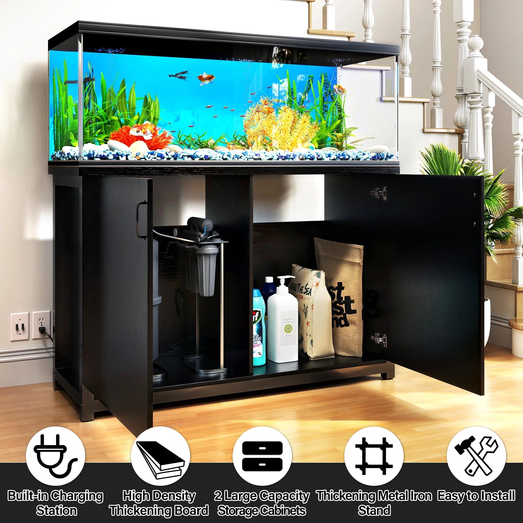 TC-HOMENY 55-75 Gallon Aquarium Stand with Cabinet and Charging Station, Black E45434