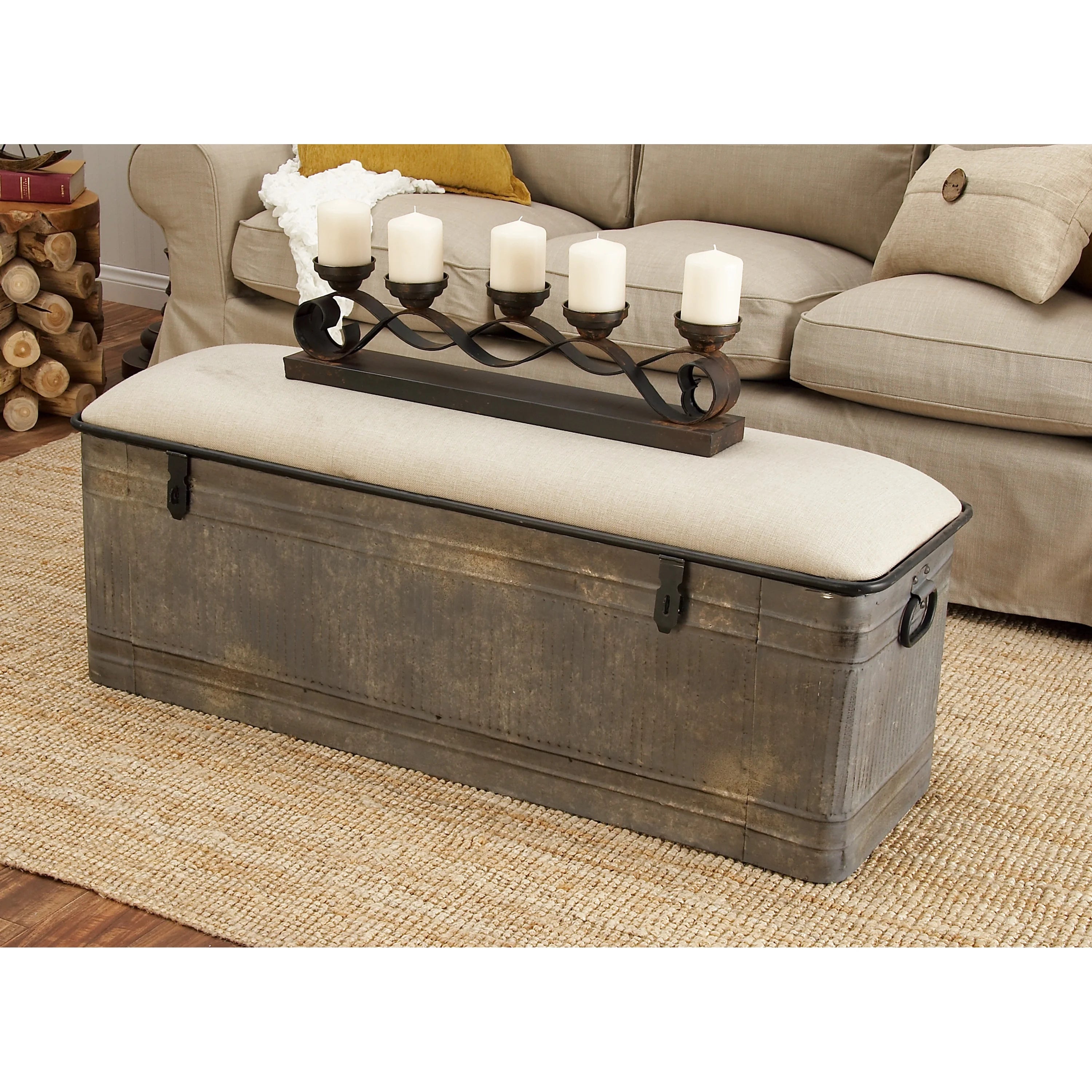 DecMode Metal Galvanized Storage Bench with Cream Burlap Top K1740
