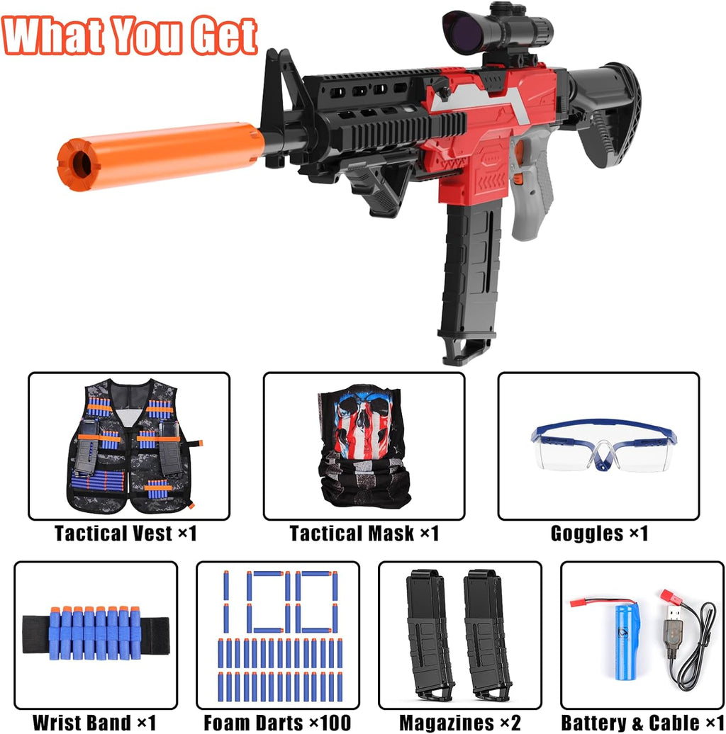 Toy Gun Sniper for Nerf Guns, Automatic Foam Blaster with Tactical Vest, 100 Darts W1993