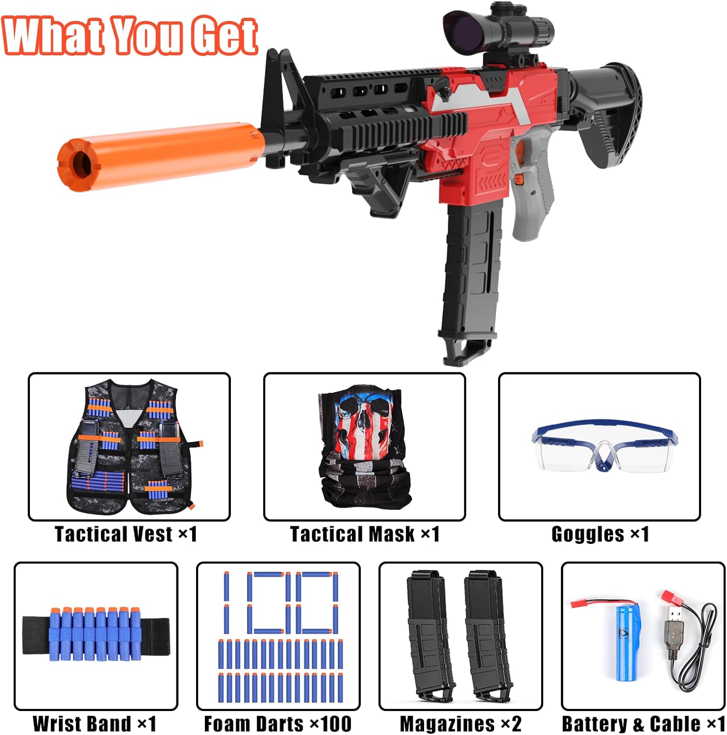 Toy Gun Sniper for Nerf Guns, Automatic Foam Blaster with Tactical Vest, 100 Darts W1993