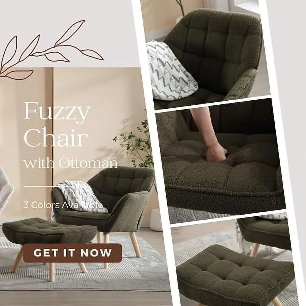 YZboomLife Small Loveseat 2-Seat Sofa Couch with Wingback and Wood Legs, Green Sherpa Z2268