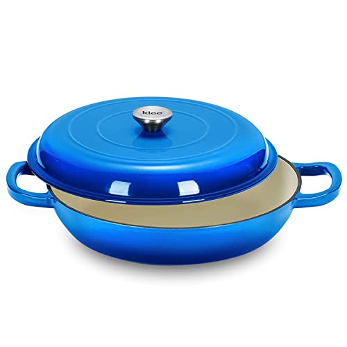 Klee 3.8 Quart Red Casserole Dish with Lid - Enameled Porcelain Coated Cast Iron Cookware Used as Braising Pan, Baking Pan, Saucepan, Frying Pan, and More - 3.8 Quart Capacity, 12 Inches