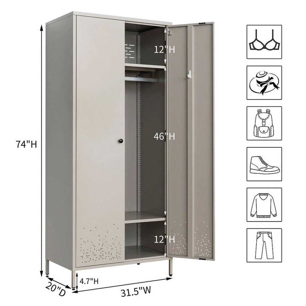 CJF Metal Storage Wardrobe Cabinet with Adjustable Hanging Rod, Gray A13905