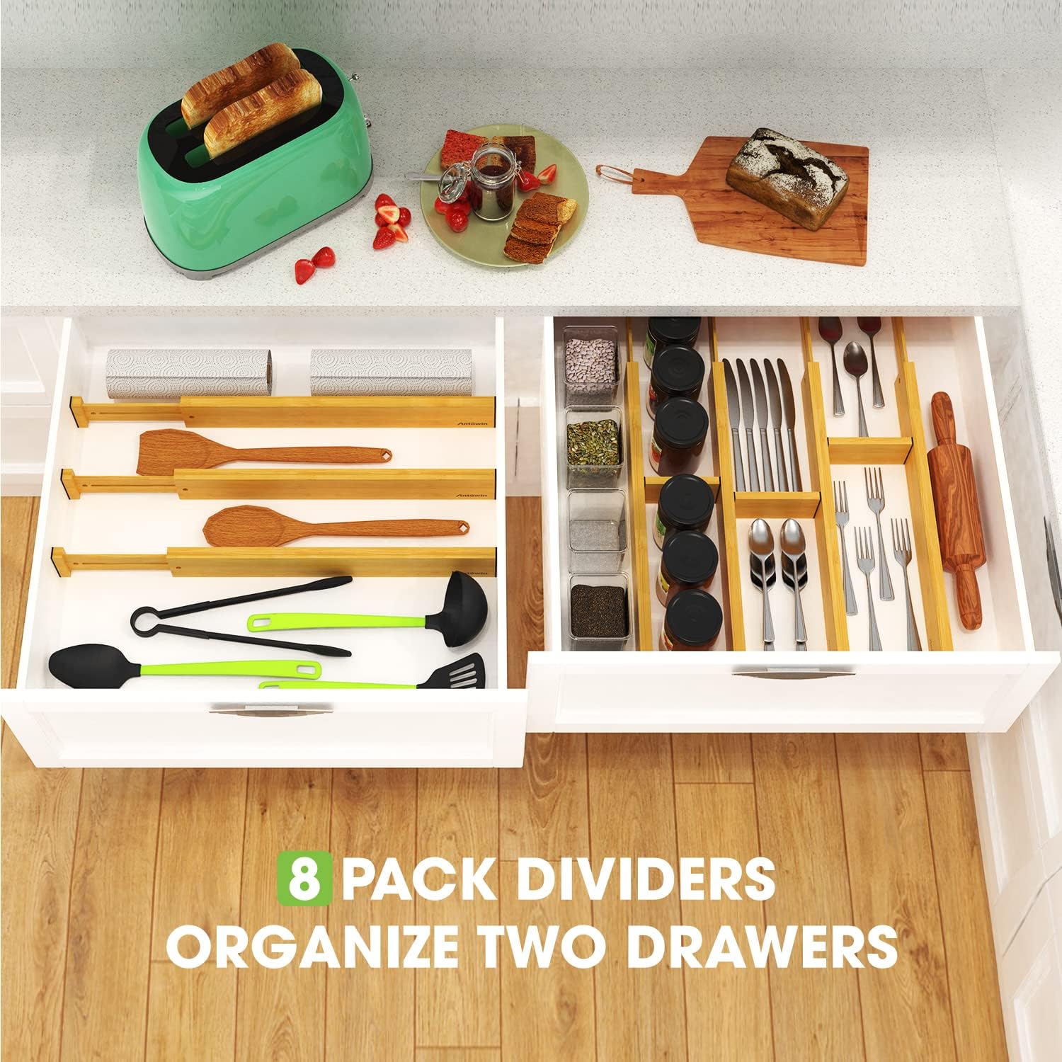 ANTOWIN Bamboo Drawer Dividers Organizers 16pcs, Expandable 17-22 inches V28899