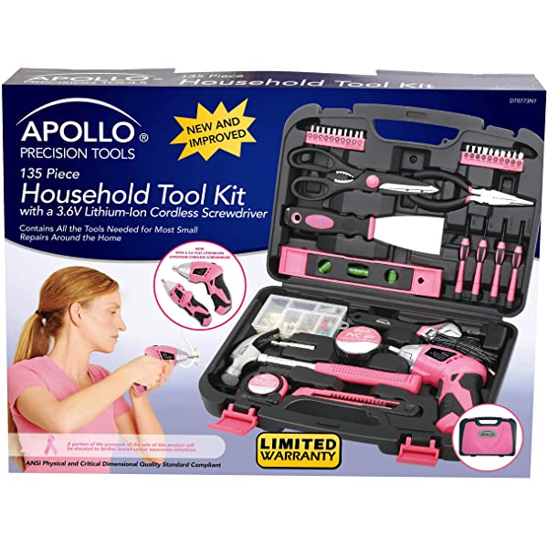 135 Piece Household Tool Kit Pink with Cordless Screwdriver k7