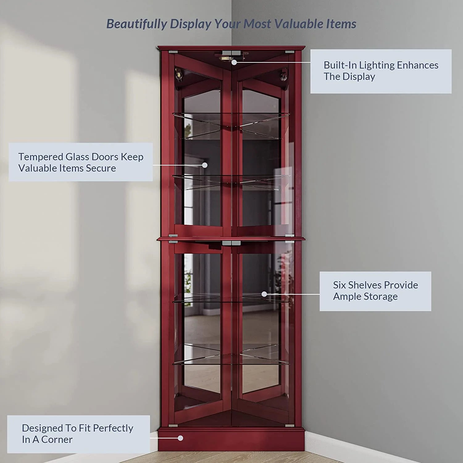 Wooden Corner Curio Cabinet with Tempered Glass Door and 6 Shelves - Cherry K141601