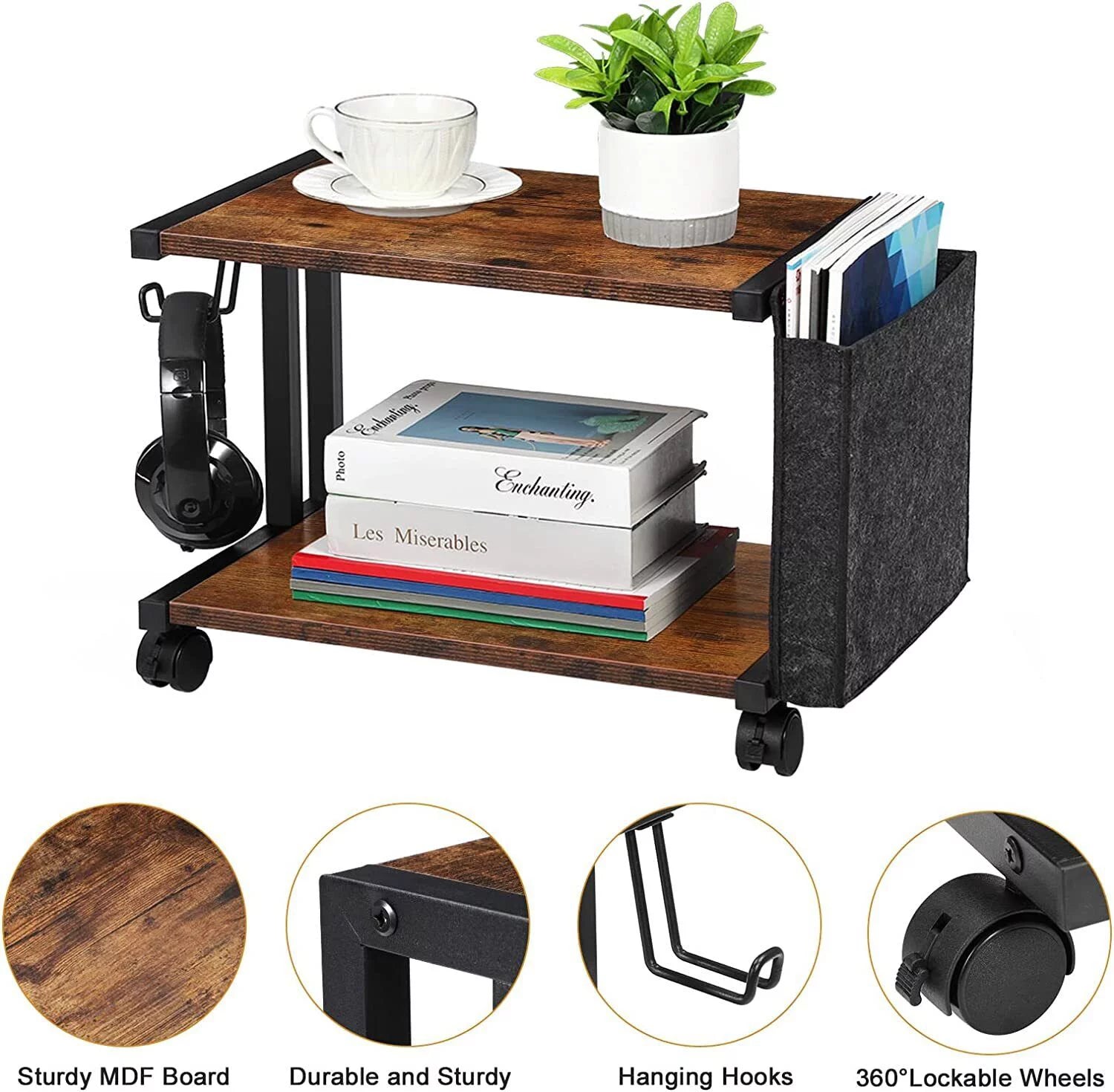 2-Tier Mobile Printer Stand with Storage, Under Desk Cart V92862