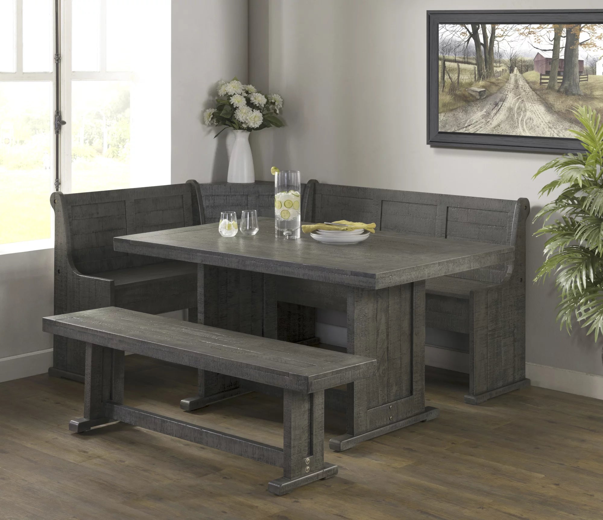 Sunny Dining Nook Table Set with Storage Bench, Gray Wood R564661