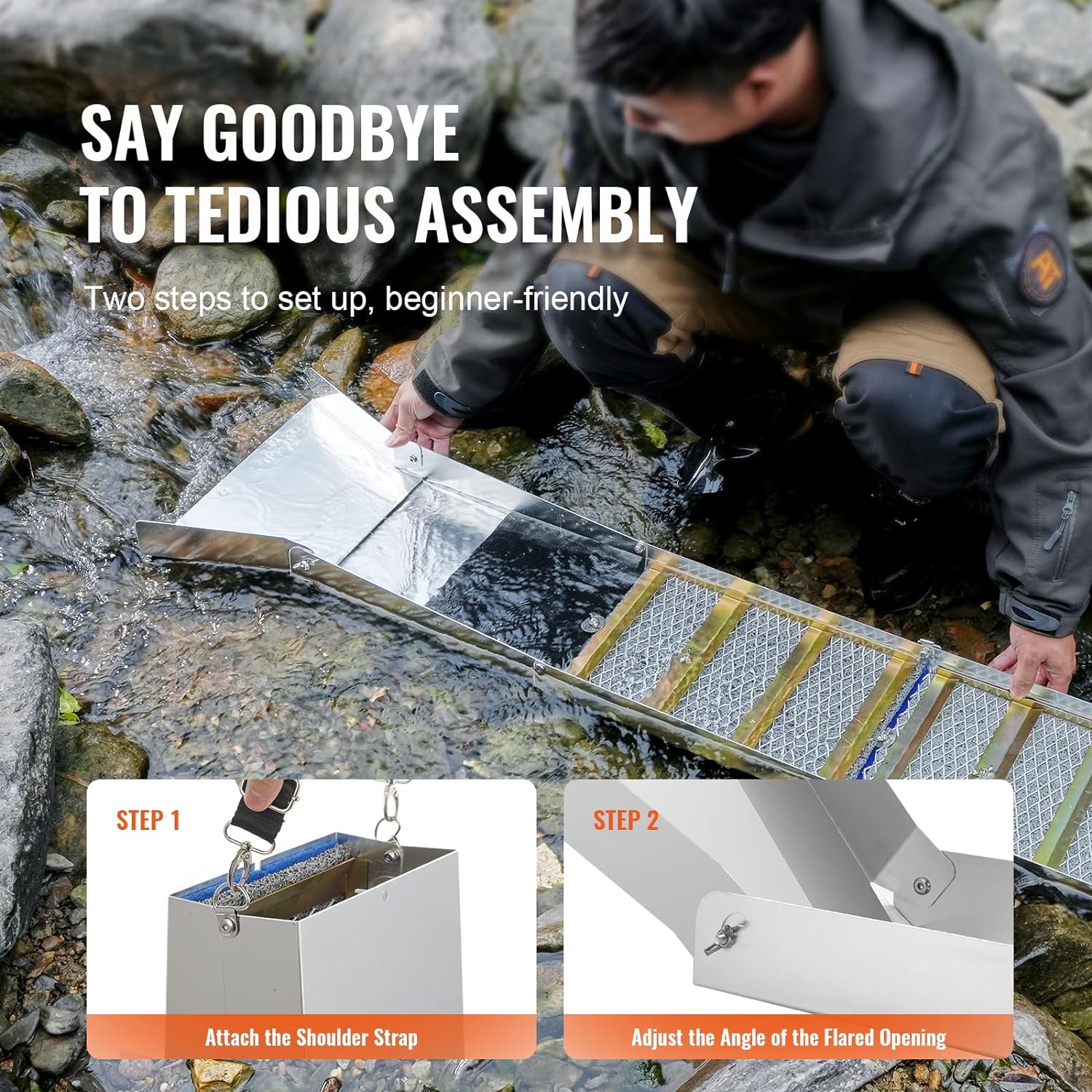 VEVOR Complete Sluice Box Gold Panning Kit, 50" Folding Aluminum Alloy, 23 PCS Prospecting Equipment C595335
