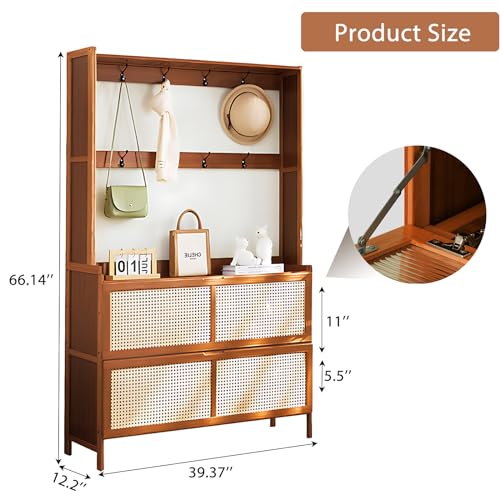Bamboo Hall Tree with Shoe Storage, 14 Cubbies & 8 Coat Hooks, Rustic Brown W479