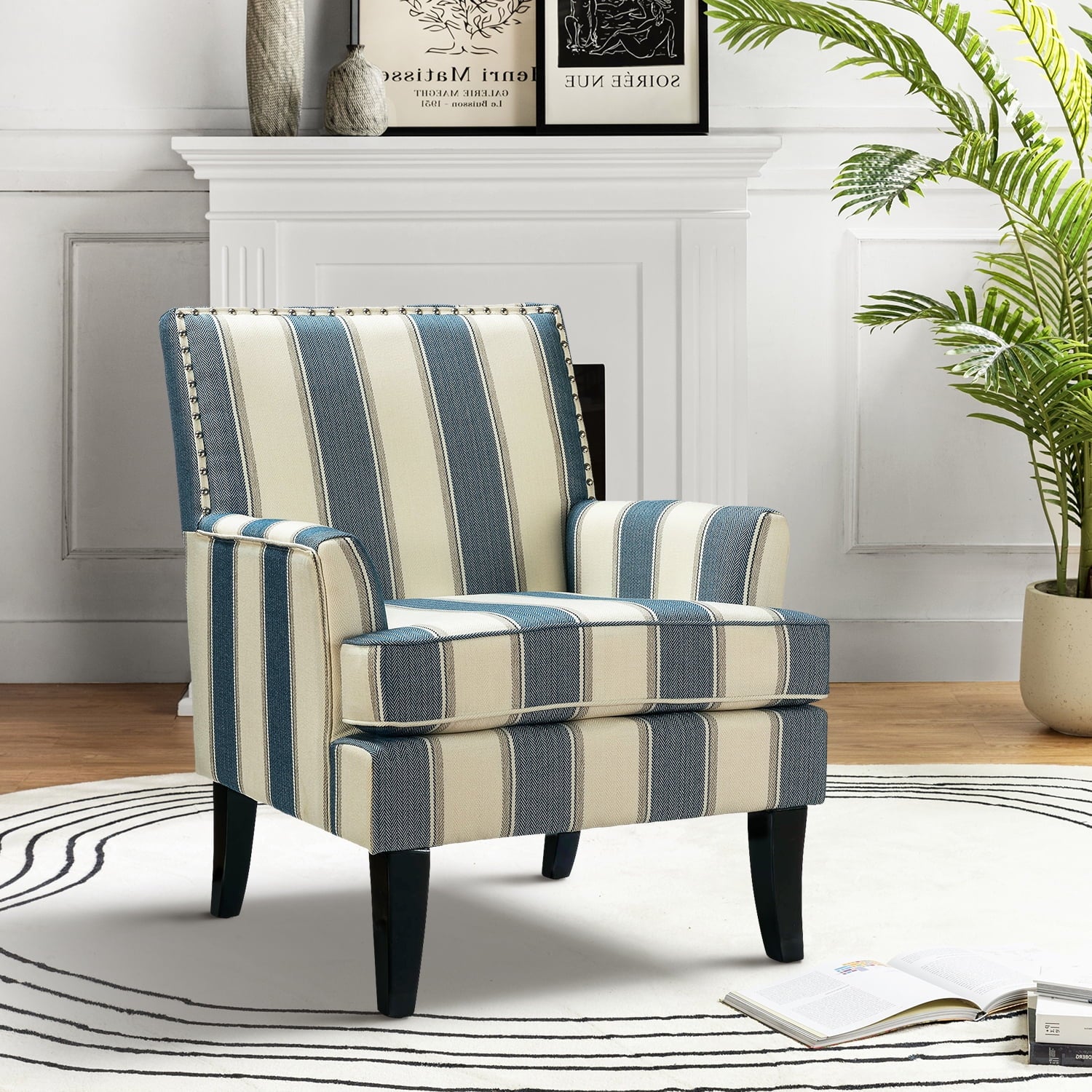 Navy Upholstered Accent Armchair with Wood Legs k7