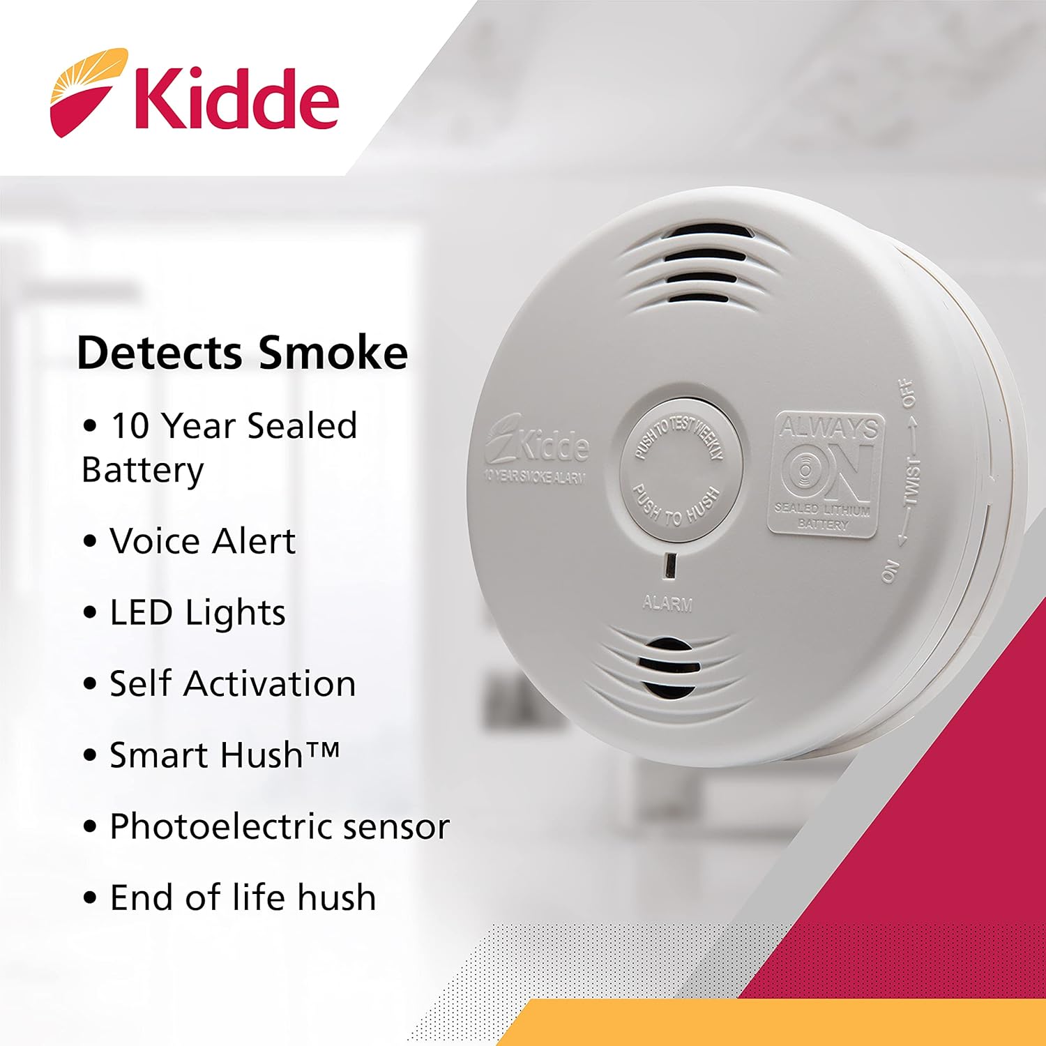Kidde Smoke Detector, 10-Year Battery, Photoelectric Sensor, White S8172