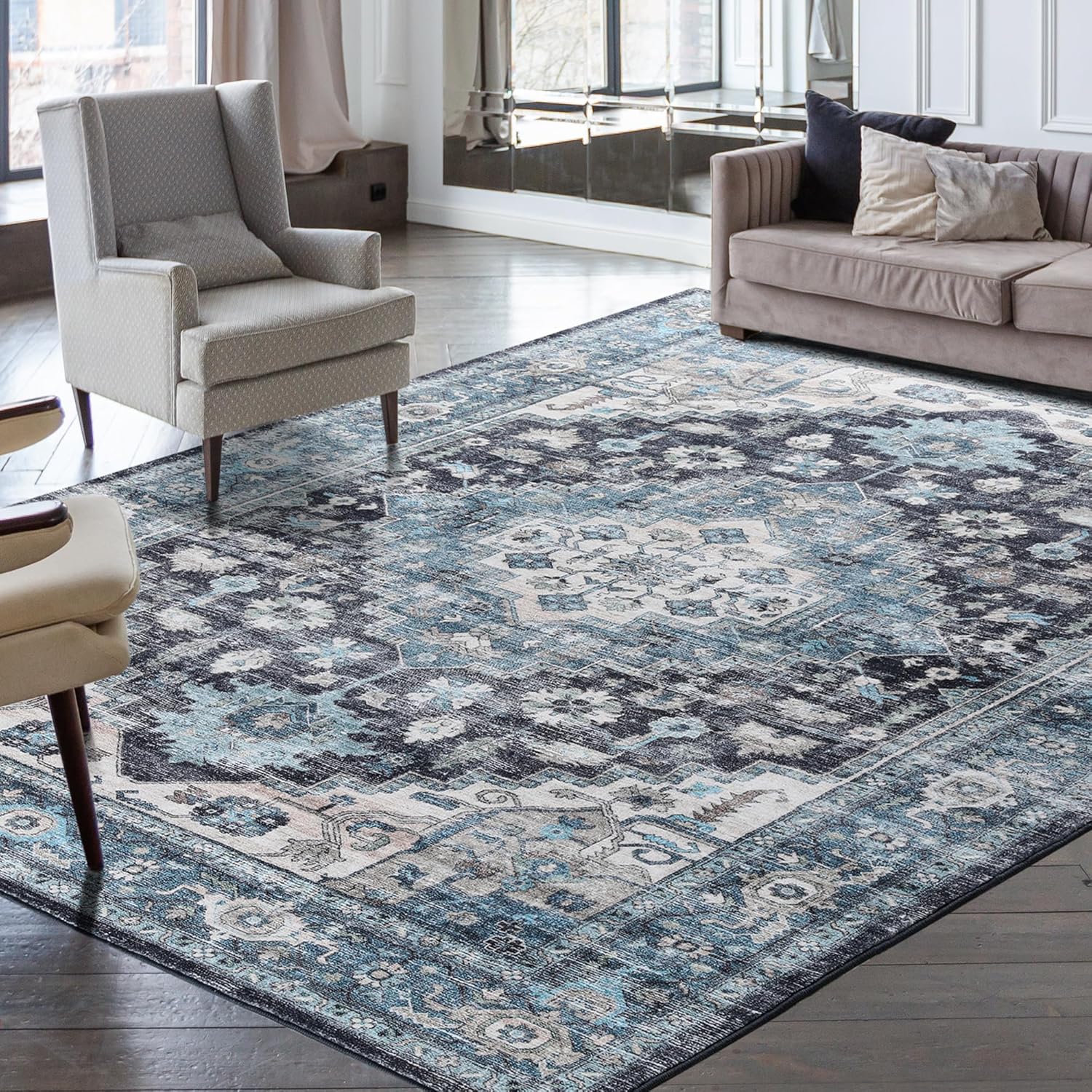 8x10 Area Rugs for Living Room,Non Slip Washable Vintage Rug Boho Rugs Large Blue Area Rug Indoor Stain Resistant Non-Shedding Carpet for Entryway Living Room Bedroom Kitchen(Blue)