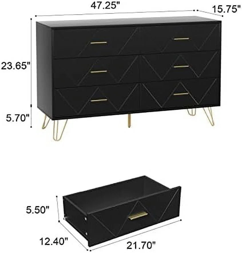 HOOMHIBIU 6 Drawer Dresser for Bedroom, Rustic Wood Chest, Black L41703