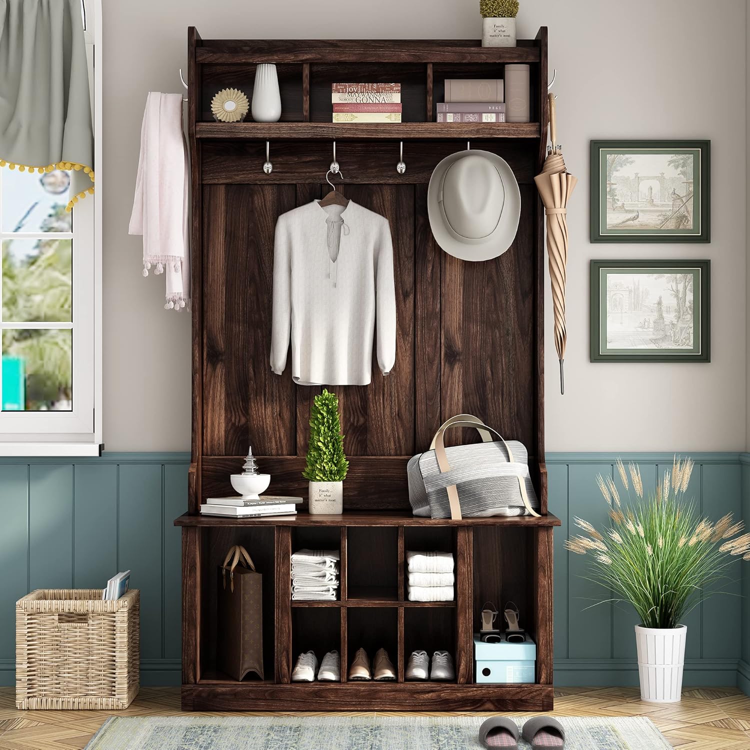 Hall Tree with 6 Hooks and Storage Bench, 39.4INCH, Tiger S75288