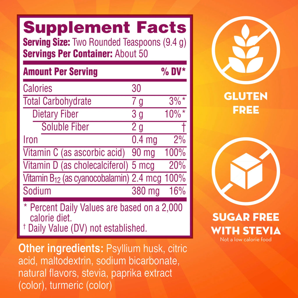 Metamucil Daily Fiber Supplement with Vitamins C, D & B12, Citrus, 50 Servings U266808