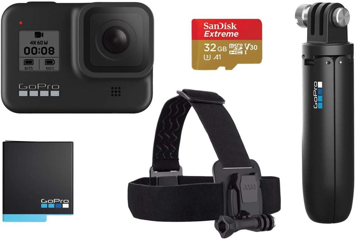 GoPro HERO8 Black Retail Bundle with Shorty, Head Strap, 32GB SD Card, 2 Batteries Q666