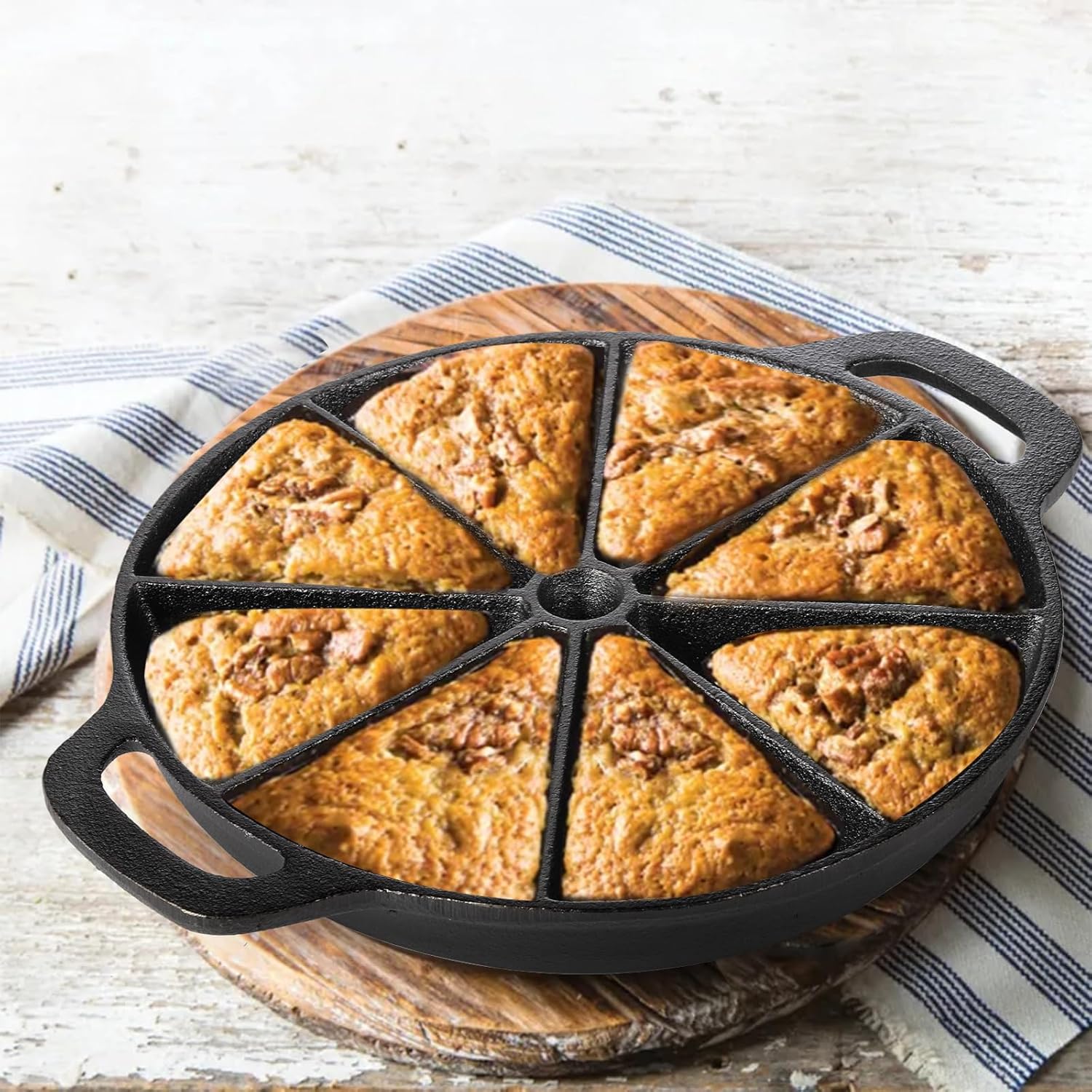 WUWEOT Cast Iron Wedge Pan, Nonstick Round Corn Bread Skillet with Double Handles N23081