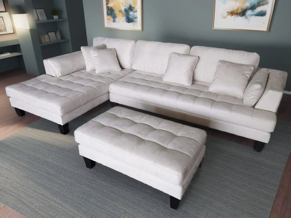 STENDMAR 3pc L-Shape Cream Microfiber Sectional Sofa with Ottoman G2499