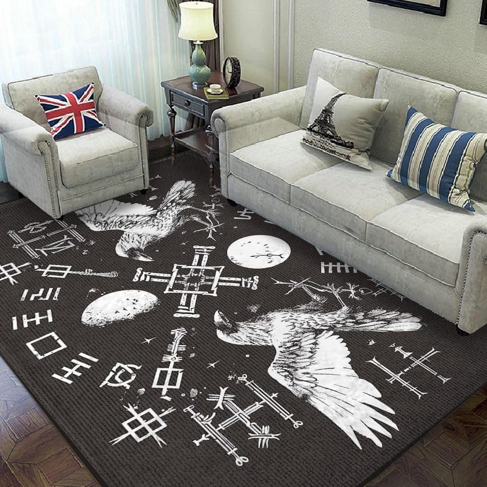 Viking Rugs for Living Room, Scandinavian Mythology Nordic Design Carpet, Custom Size 3x5 4x6 5x8 ft (Raven) F460