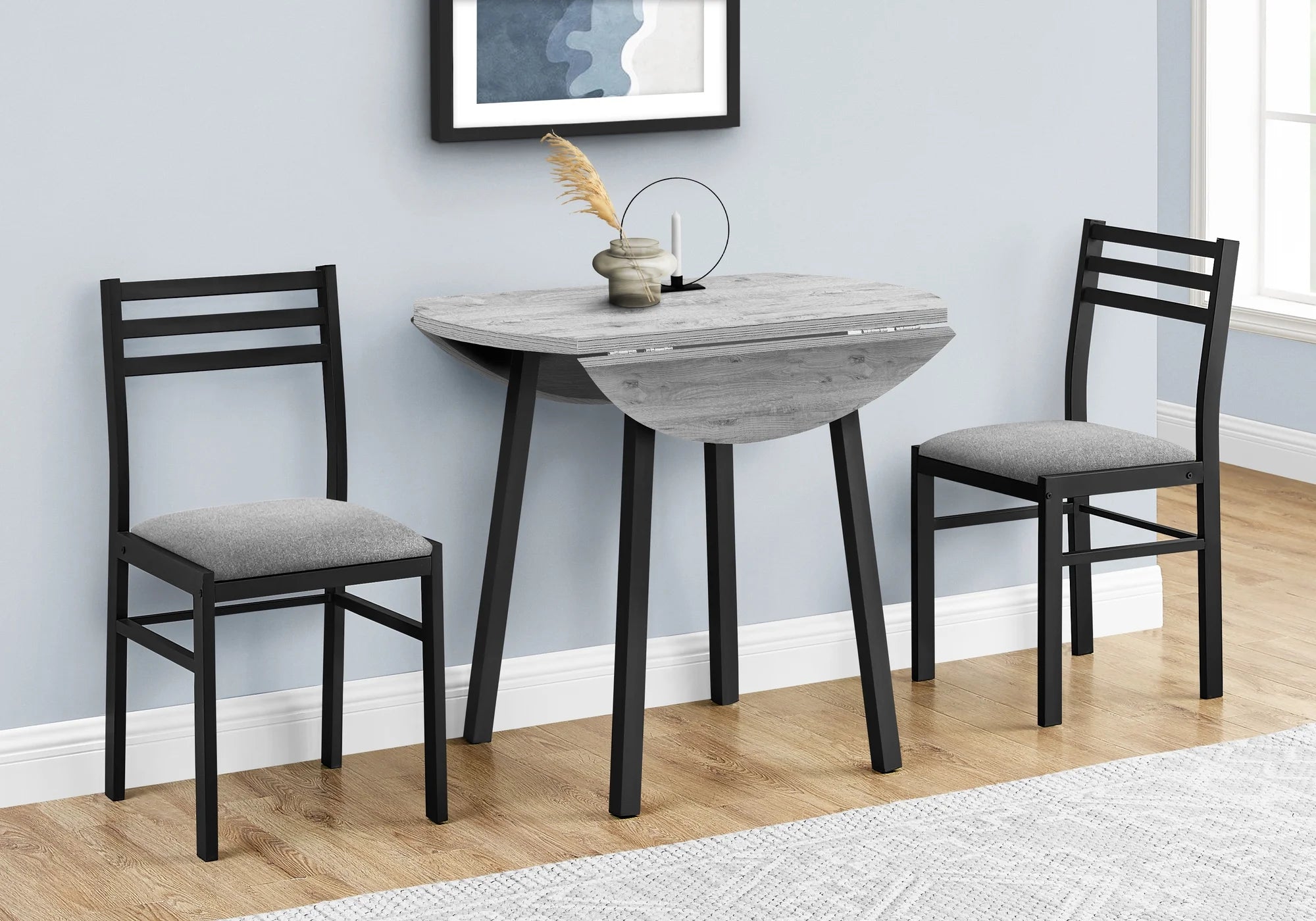 Gray Dining Table Set - 3pcs Set - Small - 35" Drop Leaf - Kitchen - Black Metal
