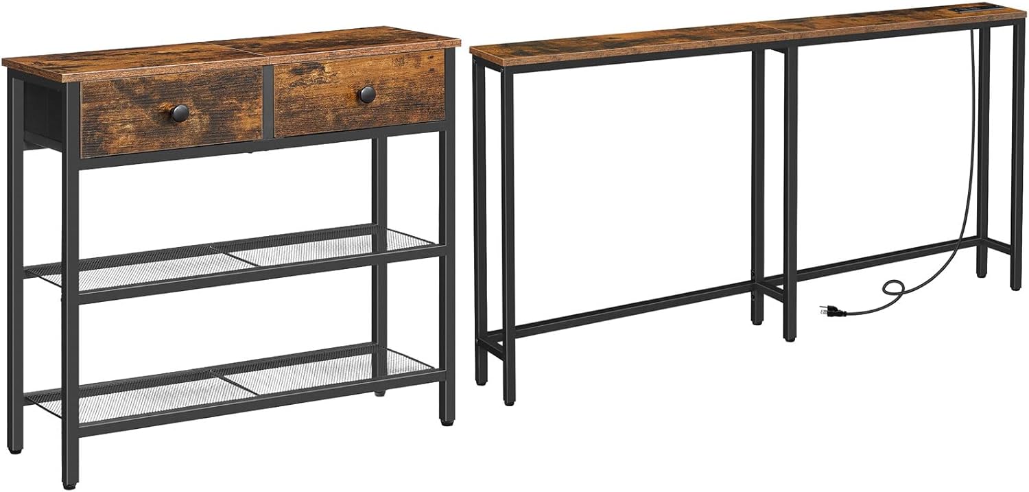 HOOBRO Narrow Console Table with 2 Fabric Drawers and Skinny Console Table with Charging Station, for Living Room, Hallway, Rustic Brown and Black BF72XG01-BF165UXG01