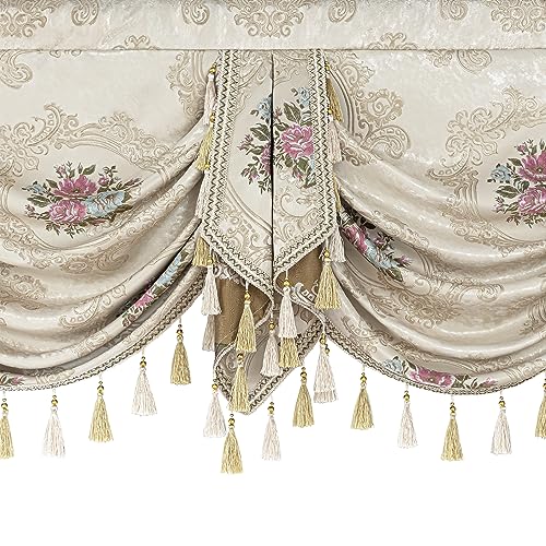 Loom and Mill Luxury Jacquard Waterfall Valance, Floral Damask with Tassels, Pearly Beige, 79 Inch, 1 Panel K1125