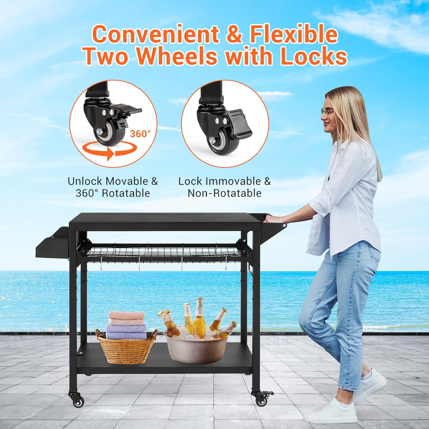 Outdoor Grill Cart with Wheels, Pizza Oven Stand Table, Black W180