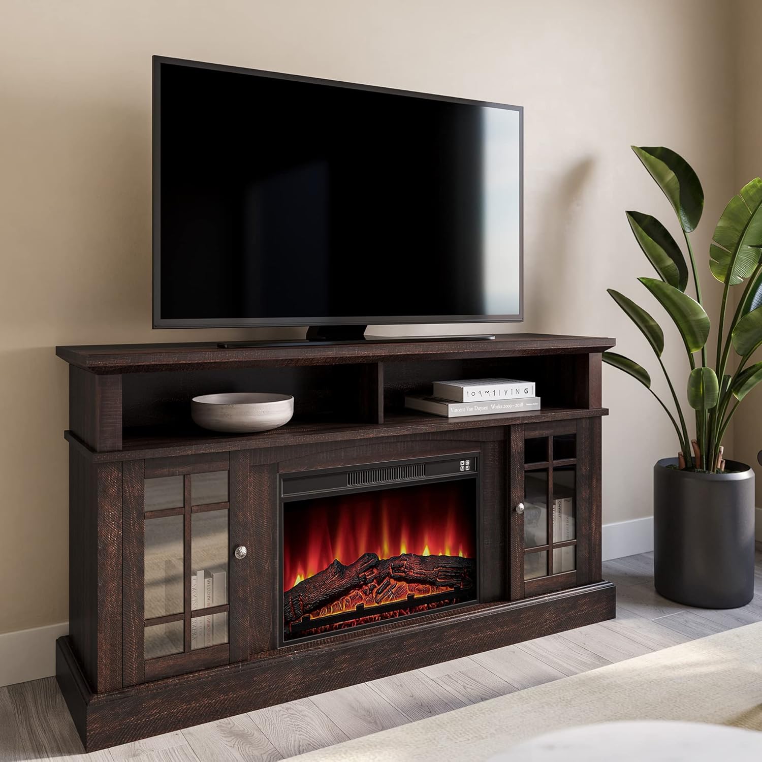 Rustic Electric Fireplace TV Stand for TVs up to 65 Inches with Storage Shelves and Cabinets k7m