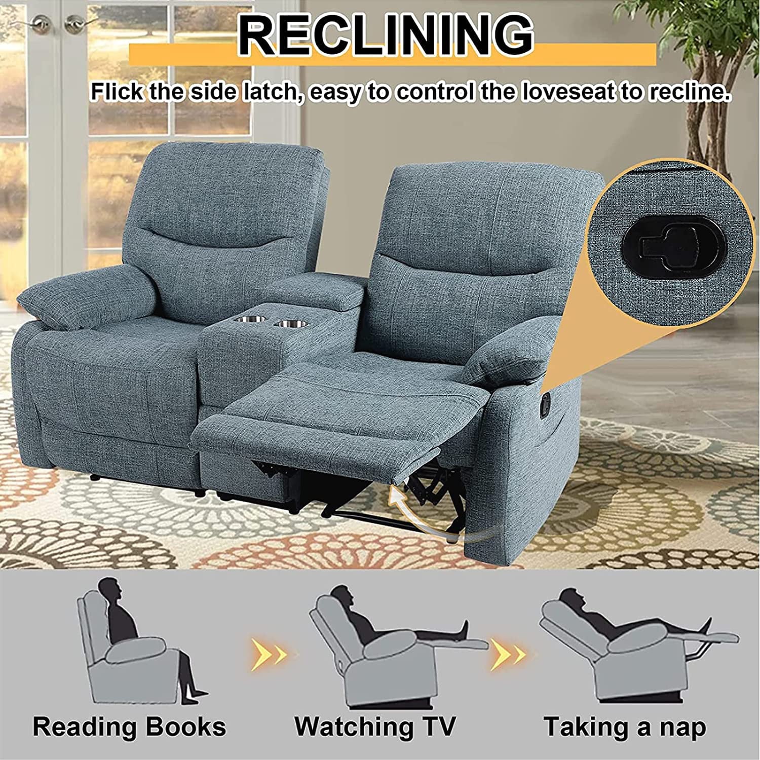 Reclining Sofa with Console and Cup Holders 2 Seater Fabric a7