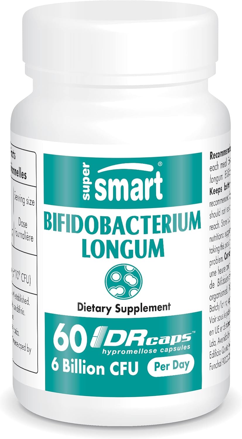Supersmart - Bifidobacterium Longum (BB536) 6 Billion CFU per Day - Probiotics & Prebiotics Supplement | Non-GMO & Gluten Free - 60 DR Capsules