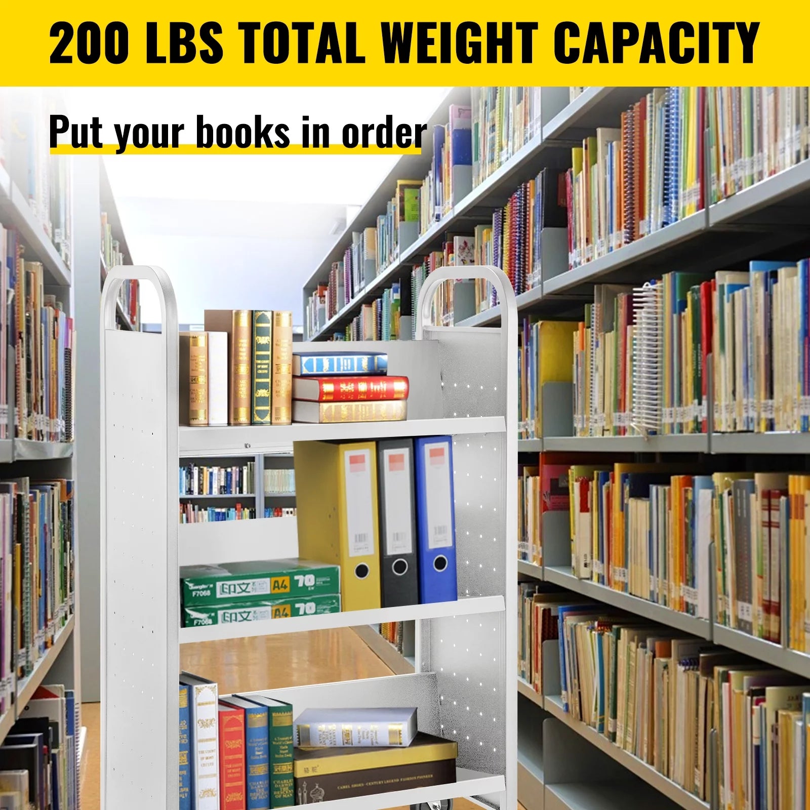 BENTISM Book Cart Library Cart 200 lbs Capacity with V-Shaped Shelves White U561