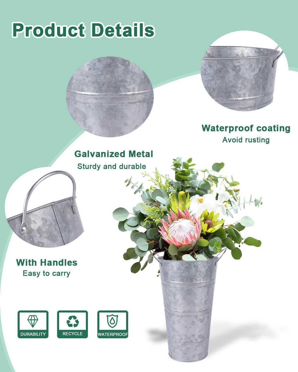 Galvanized Metal Vase with Handles for Flowers q7k