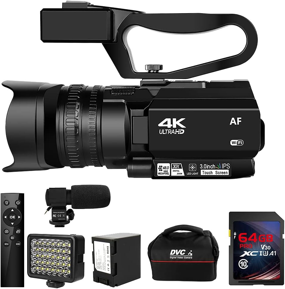 Video Camera 4K HD Newest Auto Focus Camcorder 48MP 60FPS 30X Digital Zoom Camera for YouTube LED Function 4500mAh Battery with Handheld Stabilizer, Remote Control,Microphone and 64G SD Card