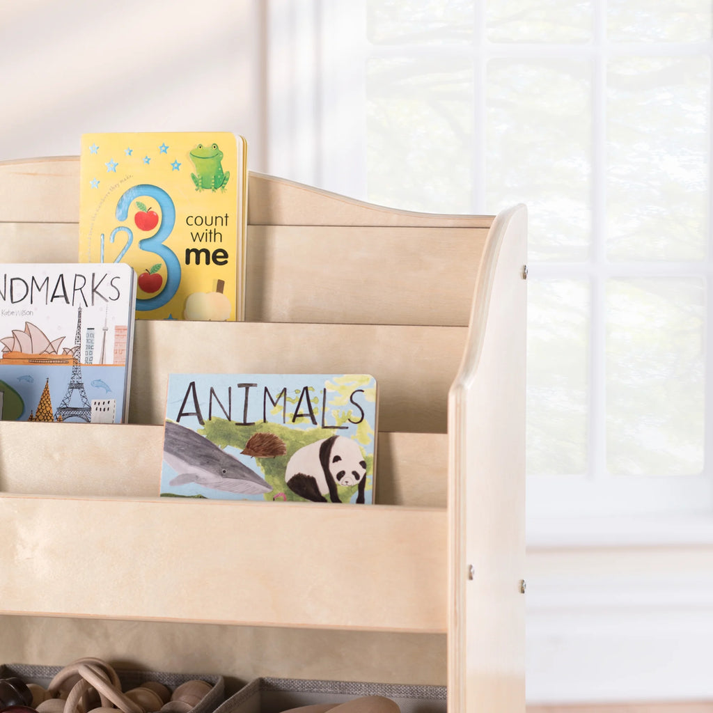 Guidecraft EdQ Essentials Book and Bin Browser Natural with 6 Fabric Storage Bins V6105