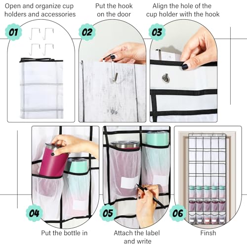 Over the Door Water Bottle Organizer with Elastic Strap Mesh Bag (White) V93124