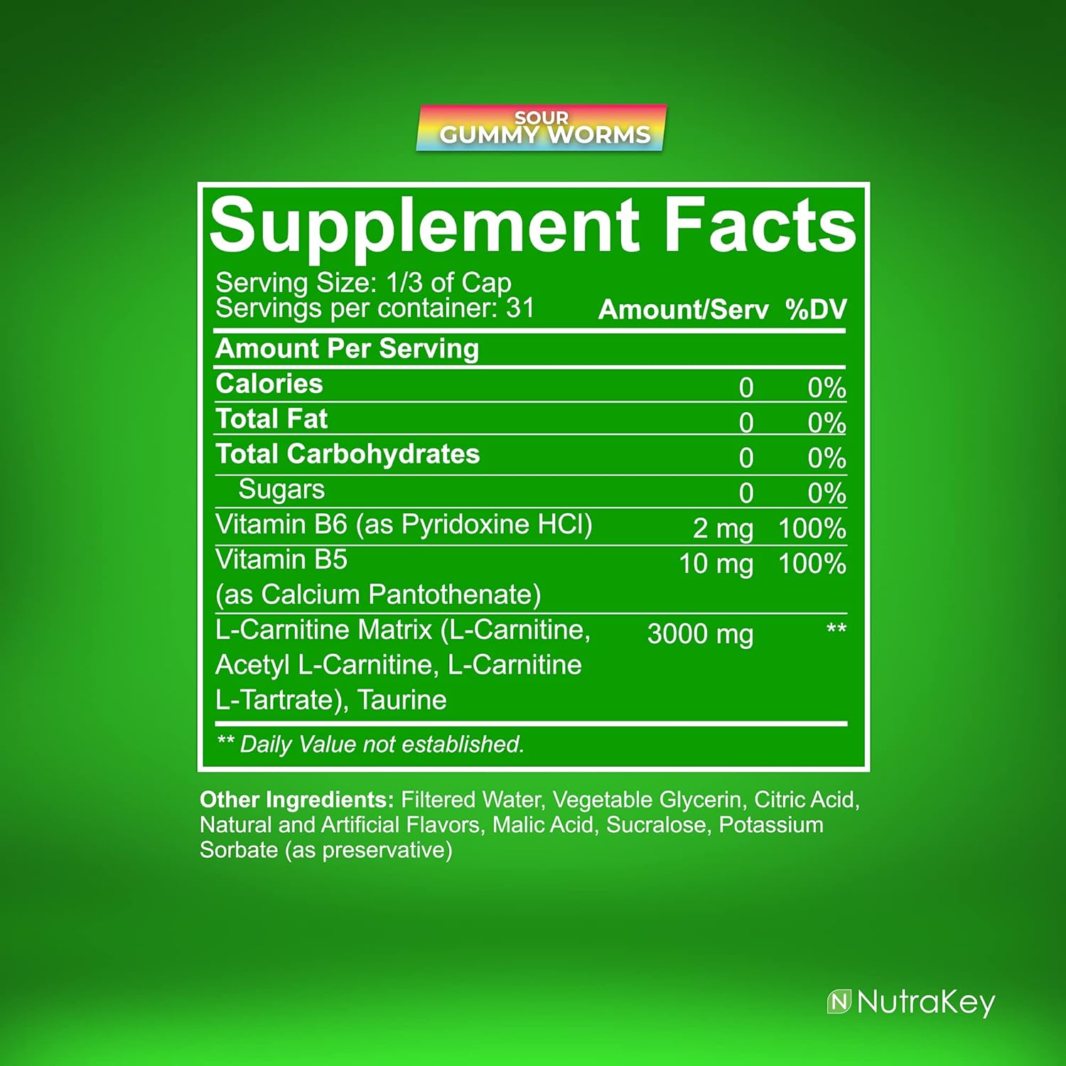 L-Carnitine 3000mg Sour Gummy Worms, Sugar Free, 31 Servings k7