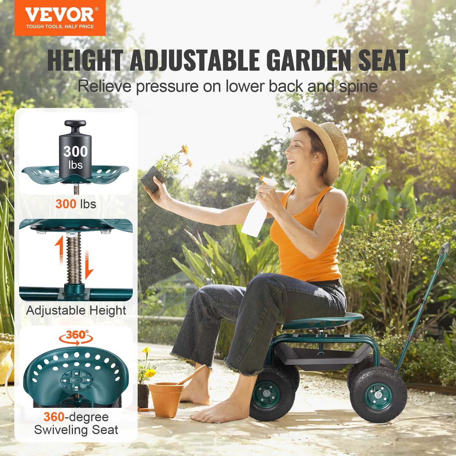 BENTISM Garden Cart Rolling Workseat with 360 Degree Swivel Seat and Utility Tool Tray Y549476
