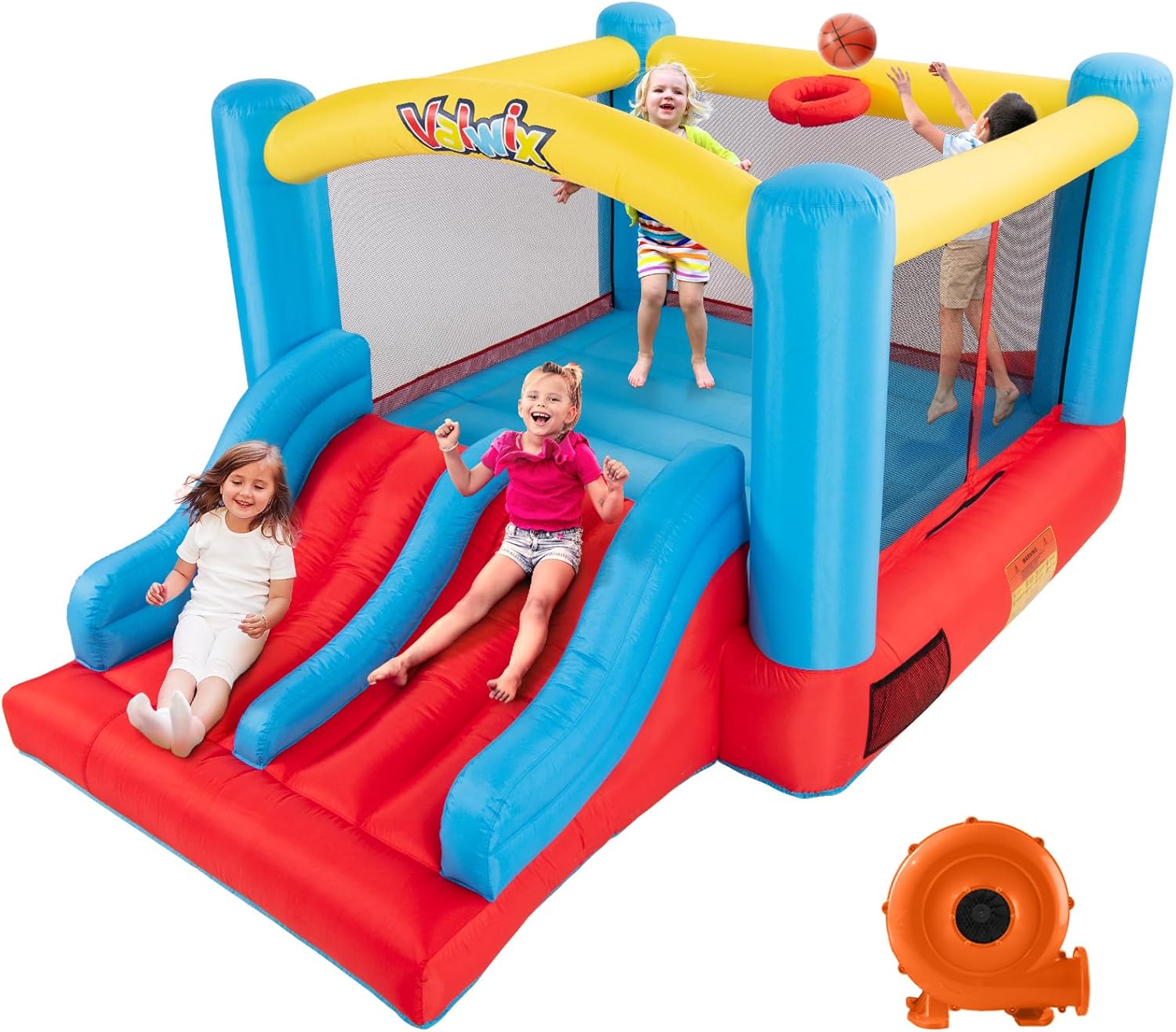Valwix Bounce House, Inflatable Bouncer with Blower for Kids 3-10, Indoor Outdoor Bouncy Castle Double Slide, Large Bounce Area w/Basketball Hoop, 300 LBS Capacity