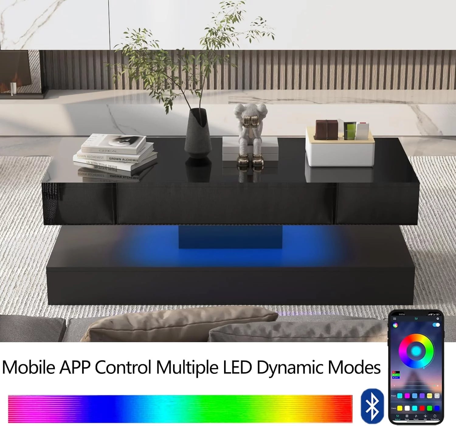 LED Coffee Table with 2 Storage Drawers, App Control k7m